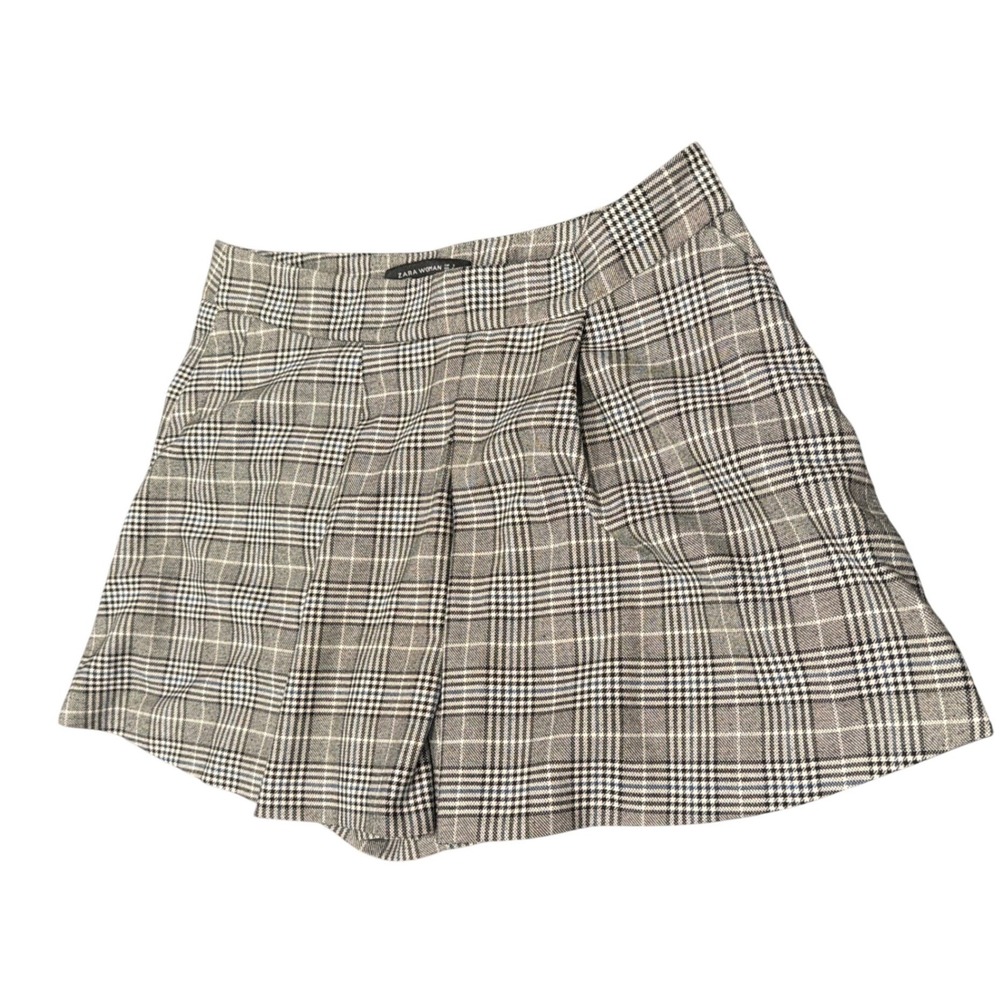Zara Woman Plaid Skort Grey Blue Glen Check Pleated Front Mini Skirt Shorts S